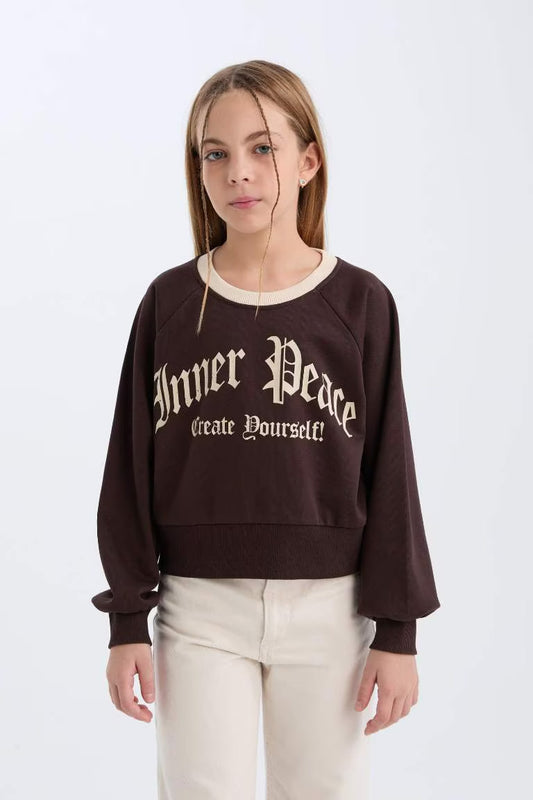 Girl Relax Fit Printed Soft Furry Inside Sweatshirt - - Brown