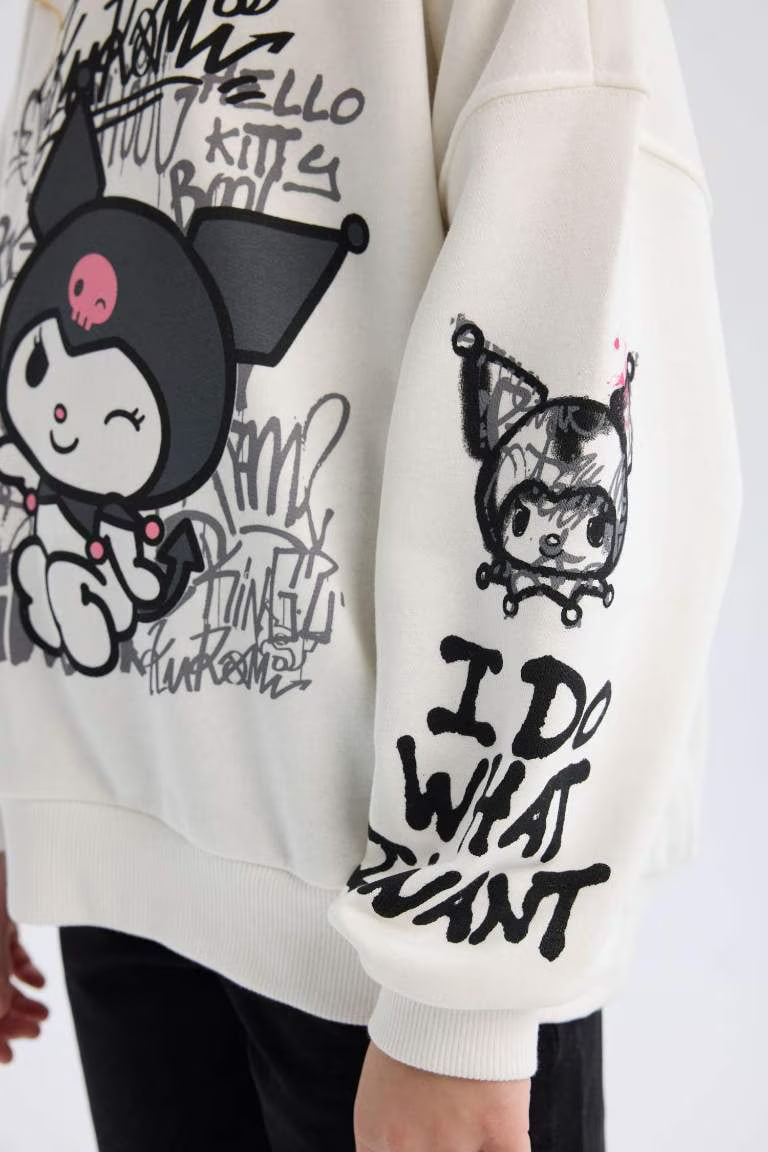 Girl Kuromi Oversize Fit Crew Neck Animal Patterned Sweatshirt - -