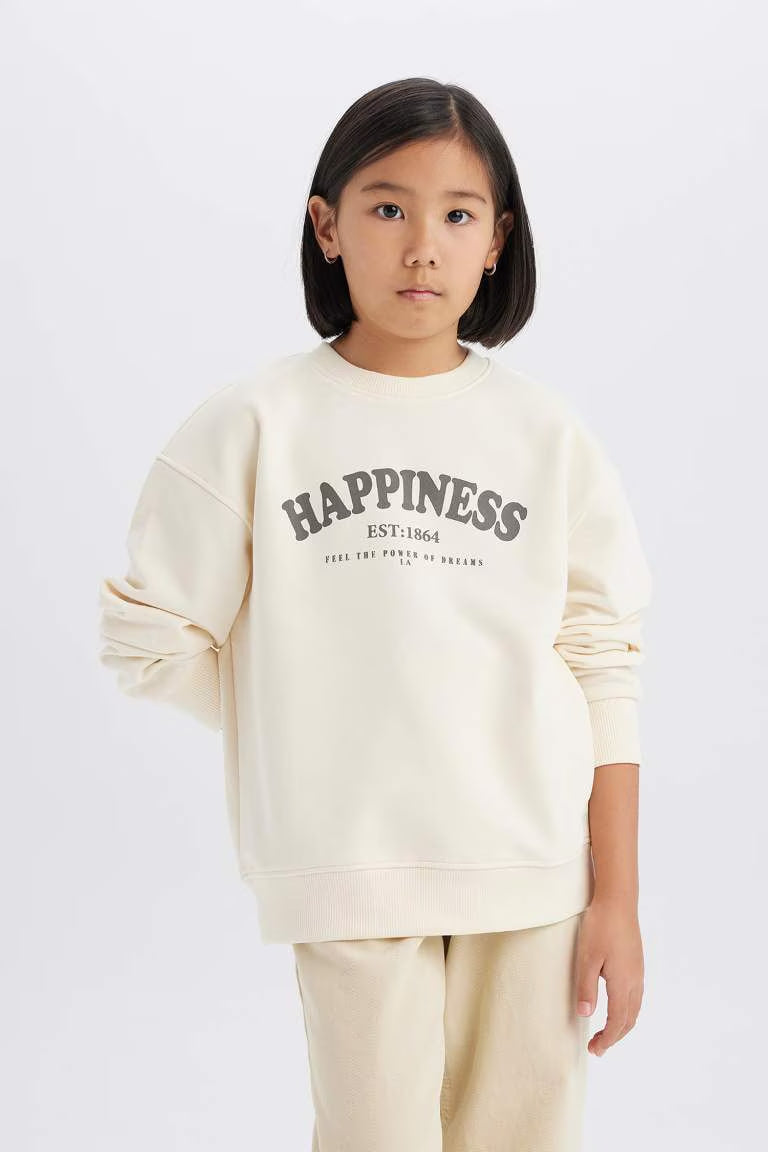 Girl Relax Fit Crew Neck Printed Sweatshirt - - Ecru
