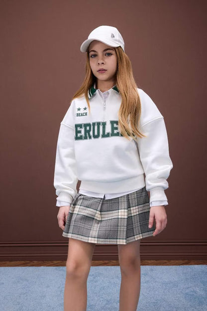 Girl Oversize Fit Polo Neck Printed Soft Furry Sweatshirt - -