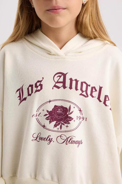 Girl Ecru Oversized Fit Hooded Printed Sweatshirt - -