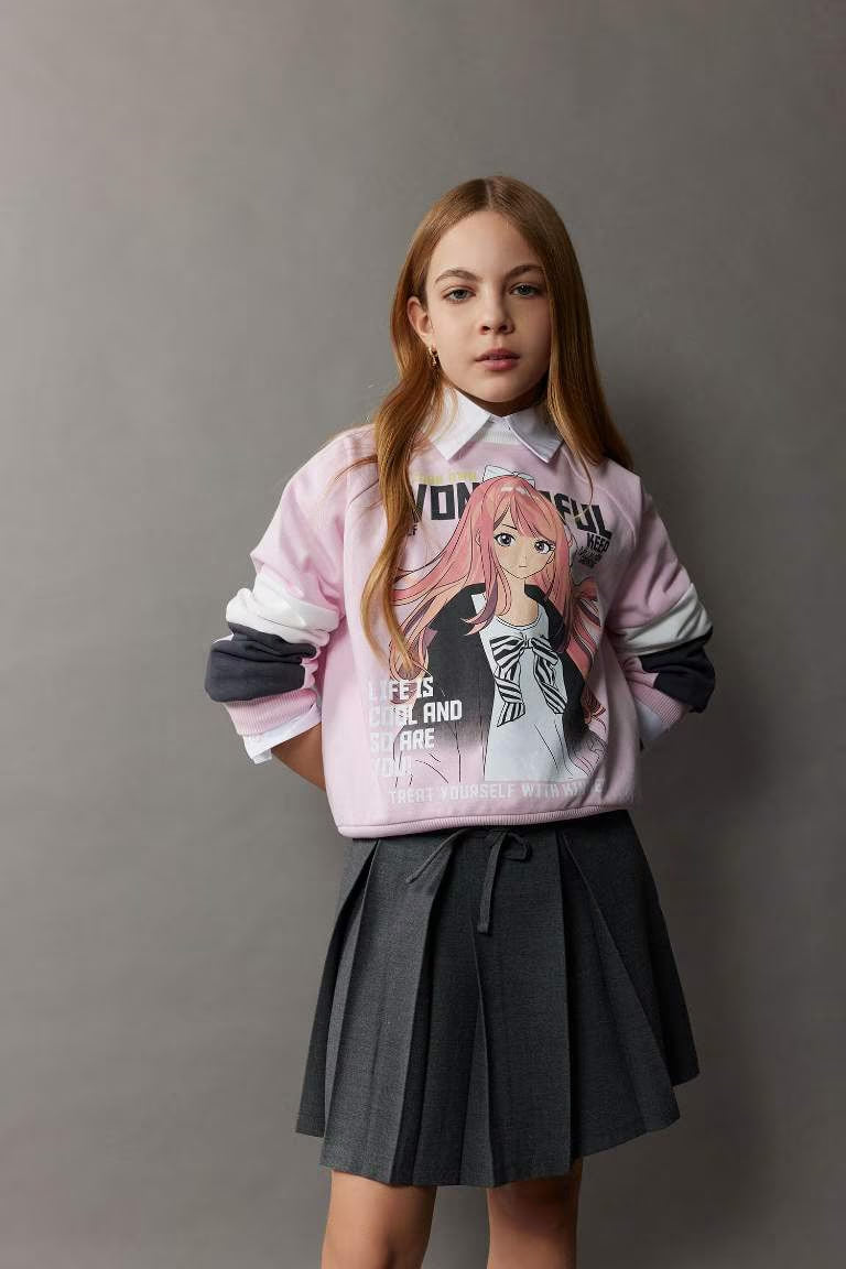 Girl Relax Fit Crew Neck Printed Sweatshirt - - Pink