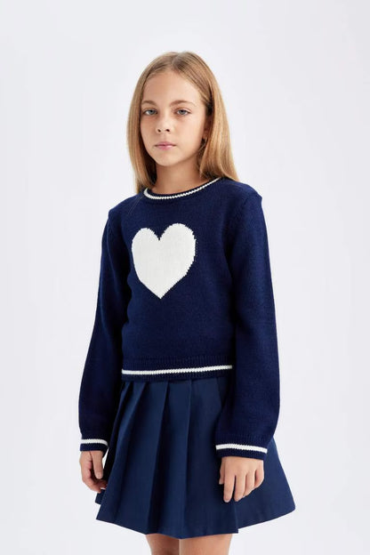 Girl Standard Fit Crew Neck Heart Knitted Pullover - -