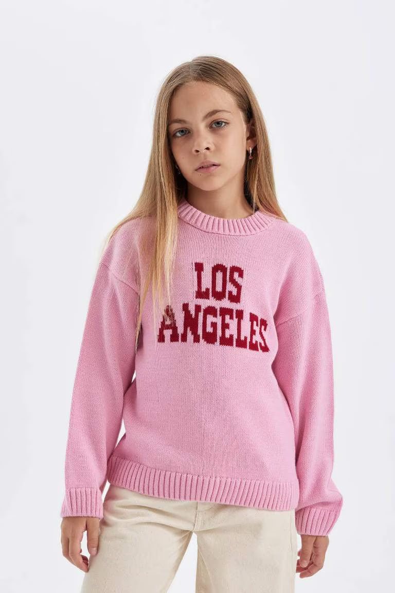 Girl Oversize Fit Crew Neck Written Patterned Knitted Pullover - - Pink