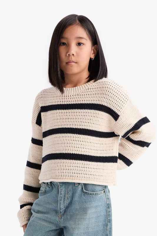 Girl Regular Fit Crew Neck Pullover - - Ecru