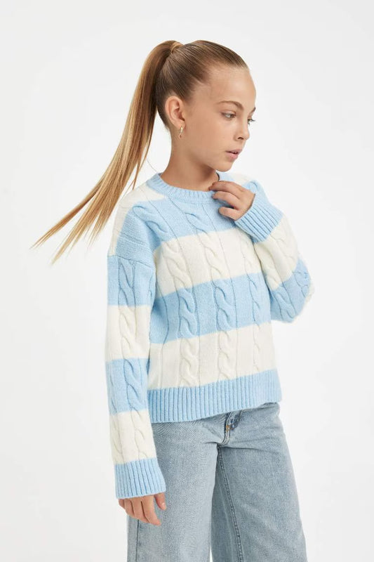 Girl Regular Fit Crew Neck Striped Knitted Pullover - - sky