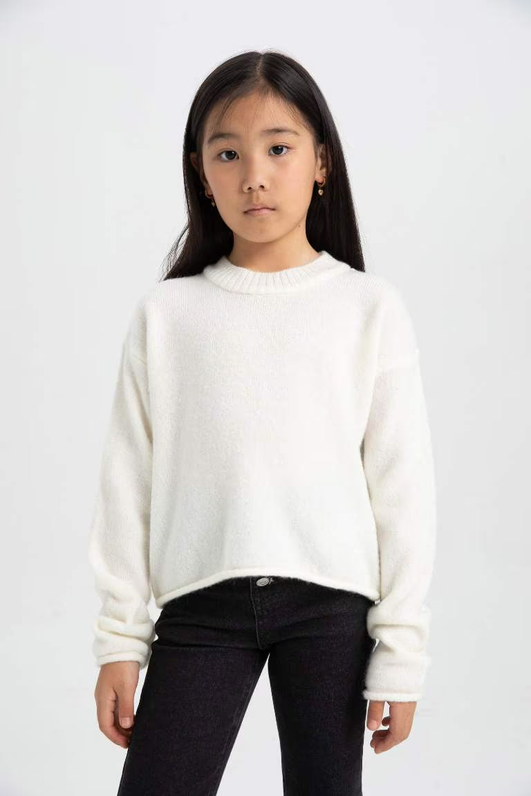 Girl Standard Fit Crew Neck Basic Knitted Pullover - - Ecru