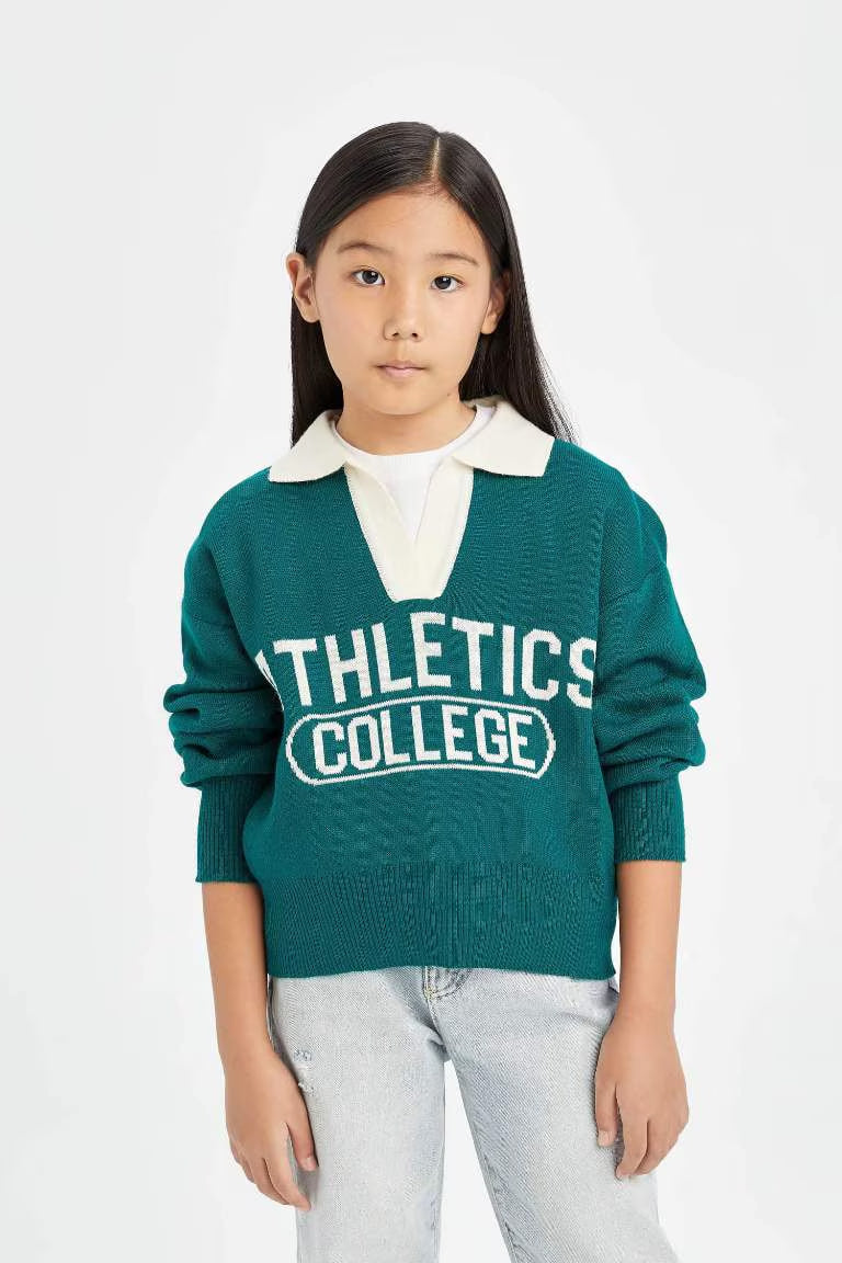 Girl Polo Neck Text Printed Knitwear Pullover - -