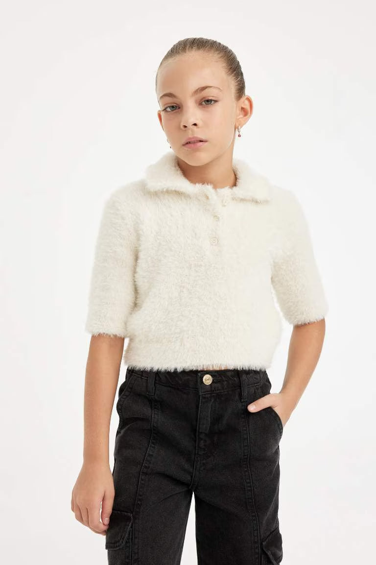 Girl Regular Fit Polo Neck Soft Textured Knitted Pullover - - Ecru