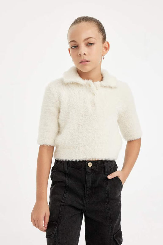 Girl Regular Fit Polo Neck Soft Textured Knitted Pullover - - Ecru