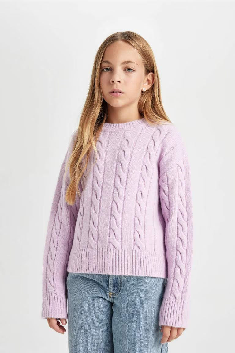 Girl Crew Neck Hair Knitted Pullover - -