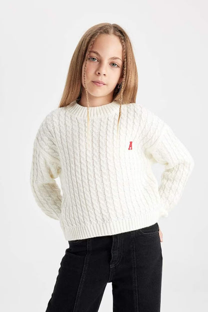 Girl Standard Fit Crew Neck Knitted Pullover - - Ecru