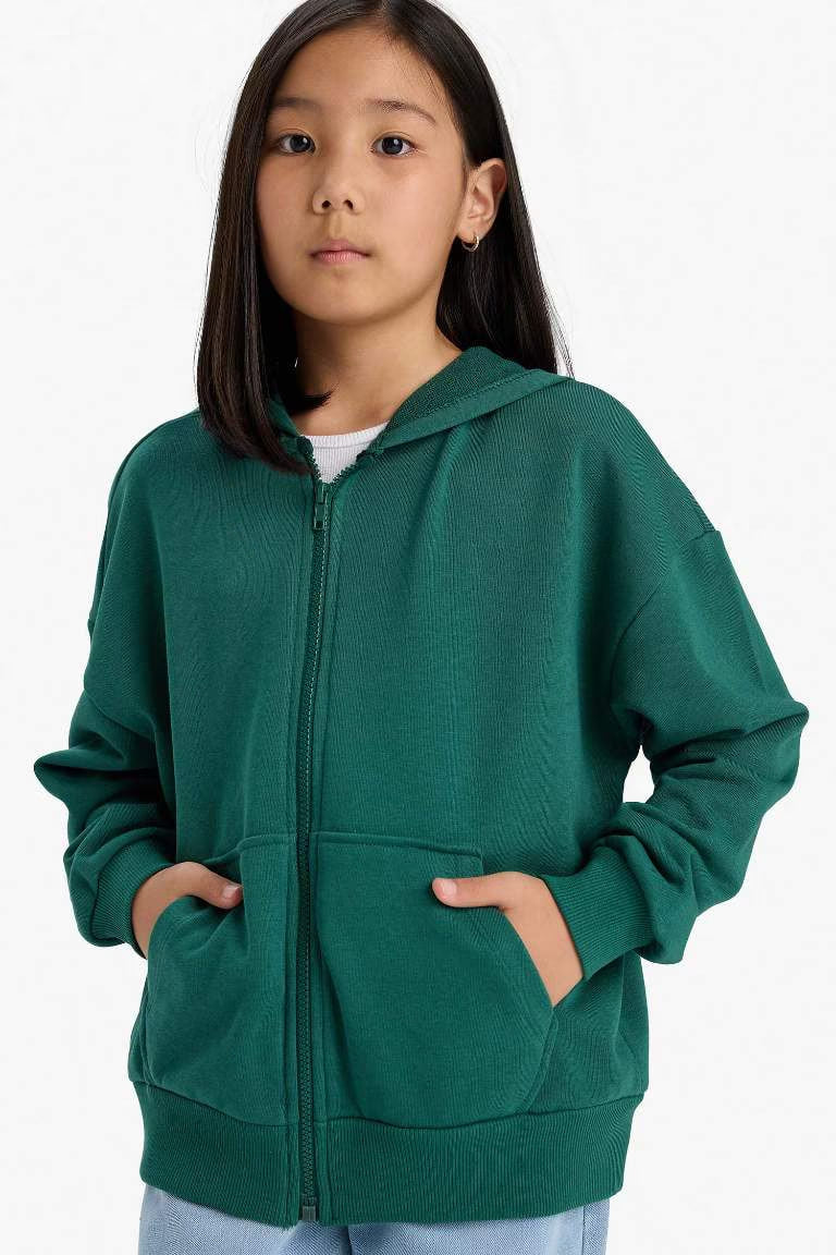 Girl Hooded Basic Pocket Zippered Sweatshirt - - Green