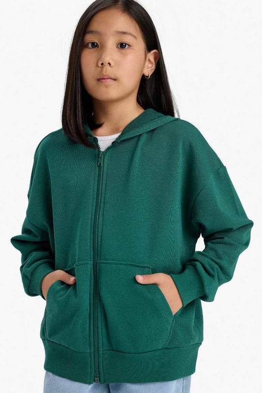 Girl Hooded Basic Pocket Zippered Sweatshirt - - Green