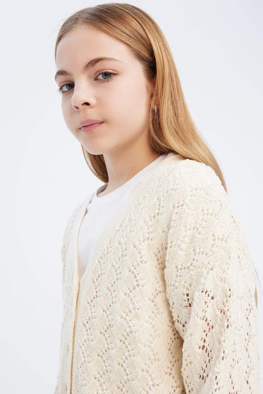 Girl V Neck Cardigan - - Ecru