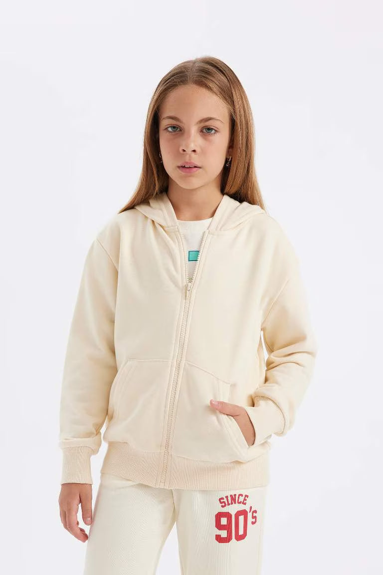 Girl Basic Hooded Zippered School Cardigan - - Ecru