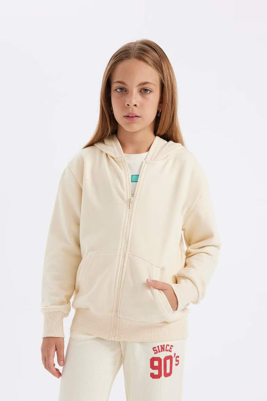 Girl Basic Hooded Zippered School Cardigan - - Ecru