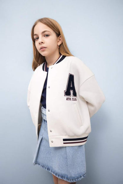 Girl University Back Printed College Collar Thick Fabric Bomber Jacket - -