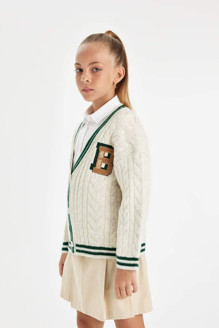 Girl Knitwear V Neck Button Closure Cardigan - -