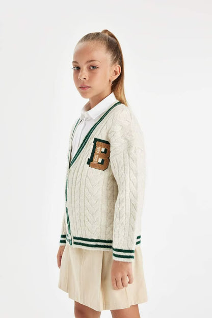 Girl Knitwear V Neck Button Closure Cardigan - -
