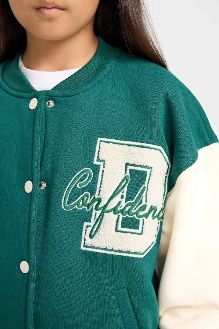 Girl College Collar Pocketed Light Printed Thick Bomber Jacket - -