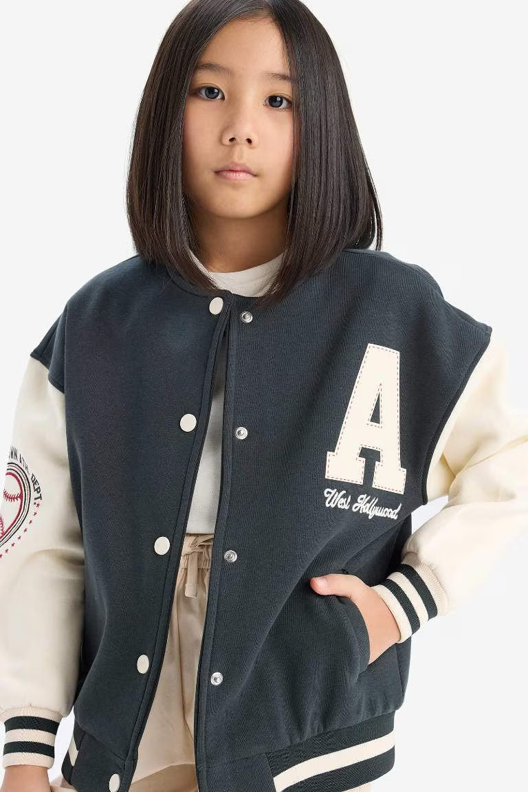 Girl Printed College Collar Soft Furry Inside Bomber Jacket - - anthracite