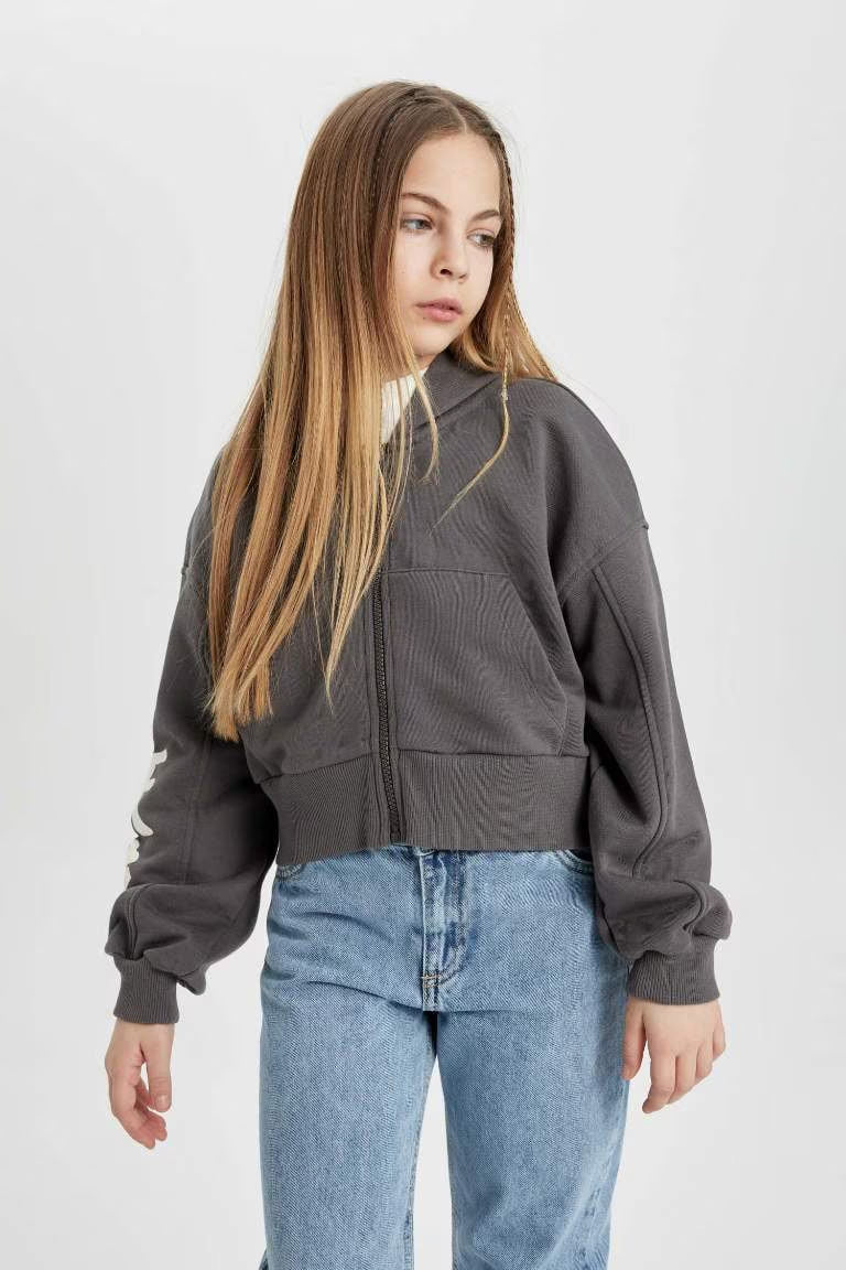 Girl Hooded Zippered Sweatshirt - - Gray