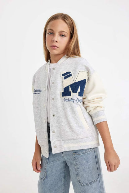 Girl Printed College Collar Bomber Jacket - -