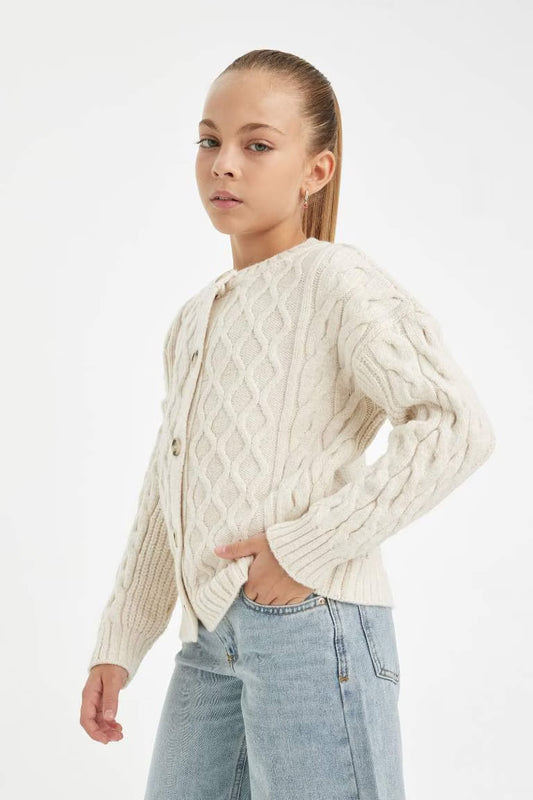 Standard Fit Crew Neck Cardigan - - Ecru