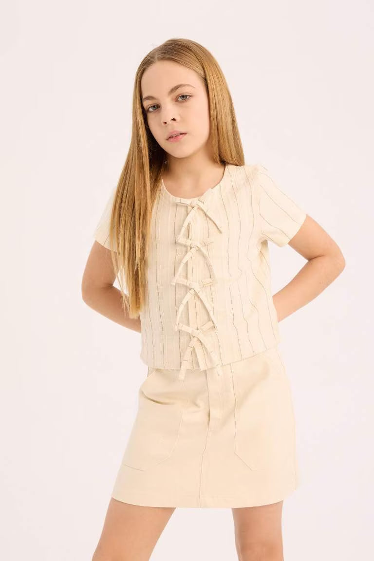 Girl Short Sleeve Blouse - - Beige