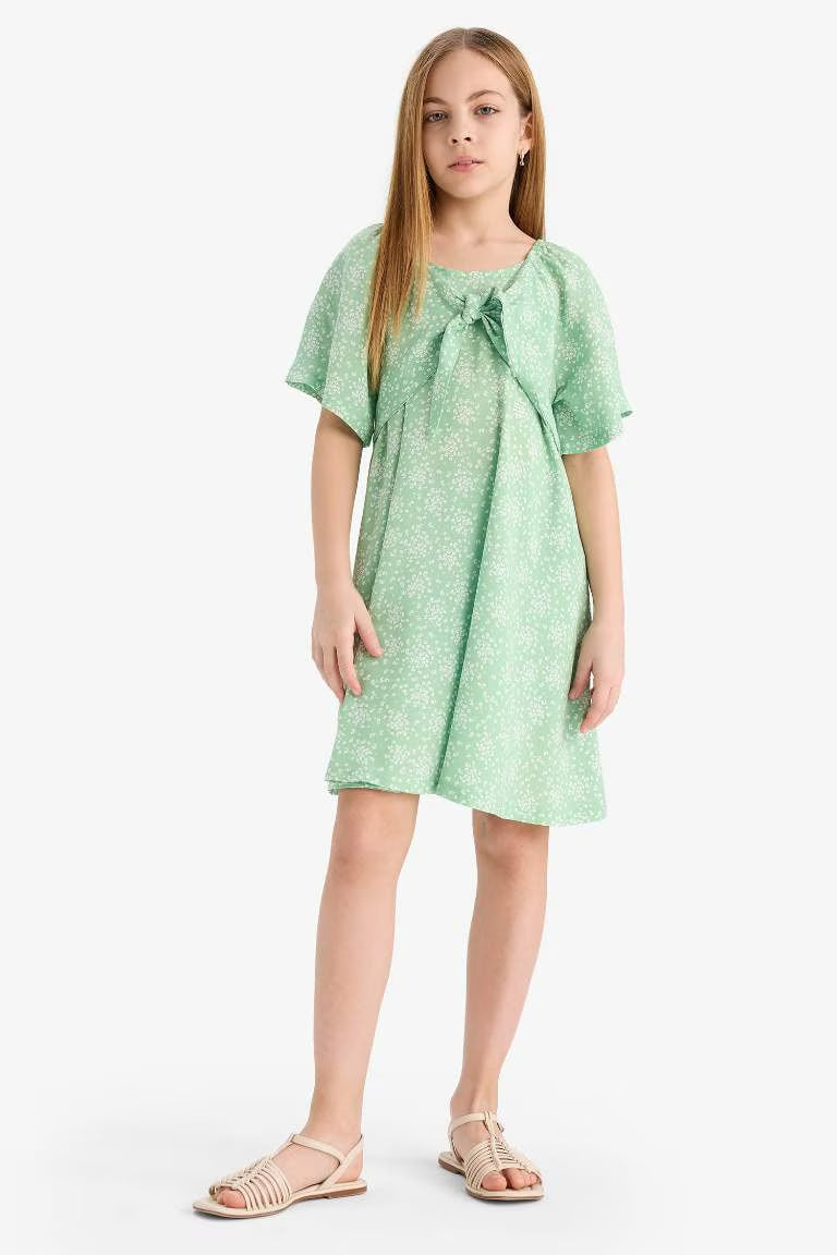 Girl Patterned Viscose Short Sleeve Dress - -