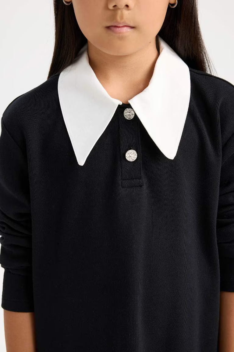 Girl Shirt Collar Basic Long Sleeve Black Dress - -