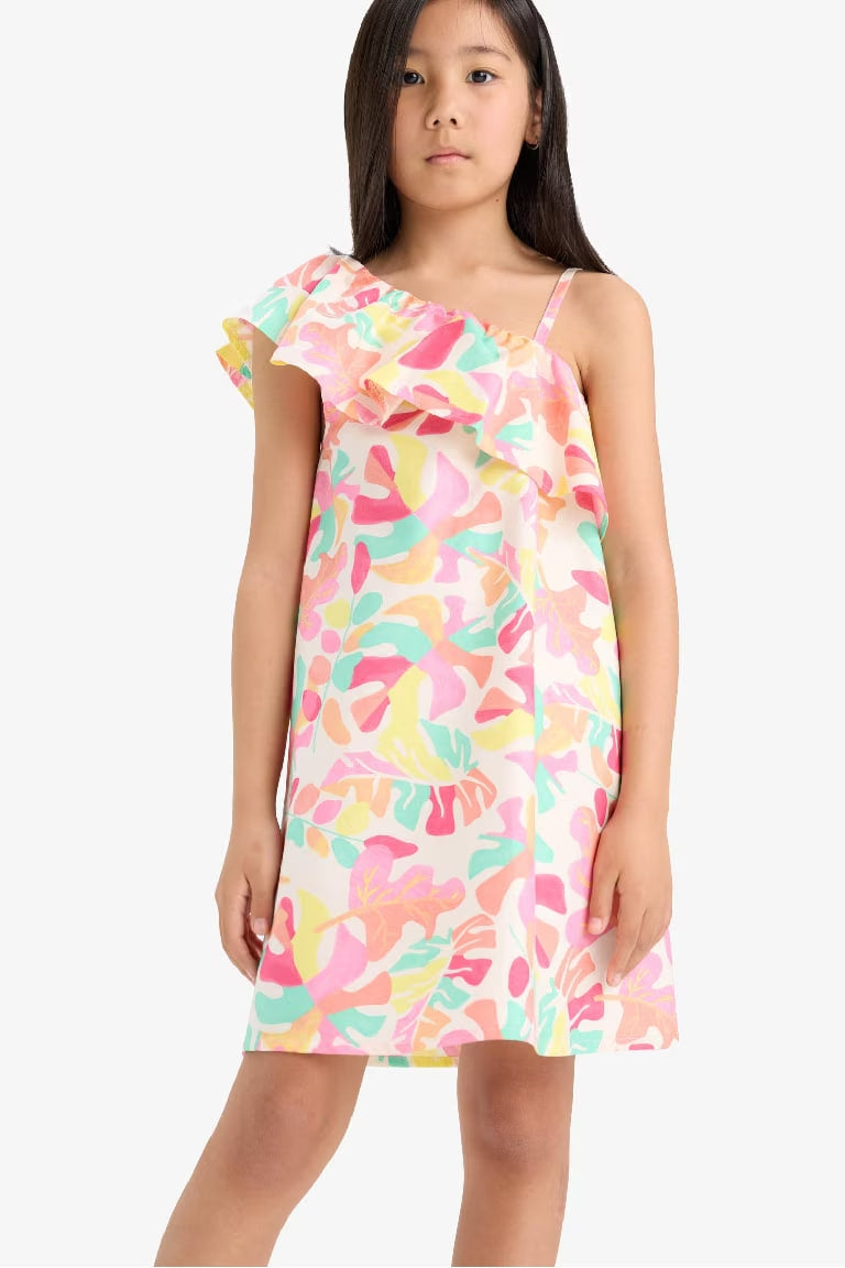 Girl One Shoulder Patterned Poplin Dress - -