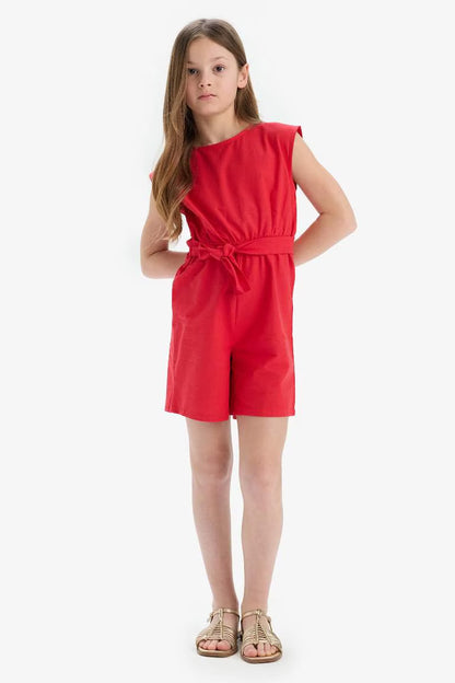 Girl Cotton Sleeveless Short Jumpsuit - - Red