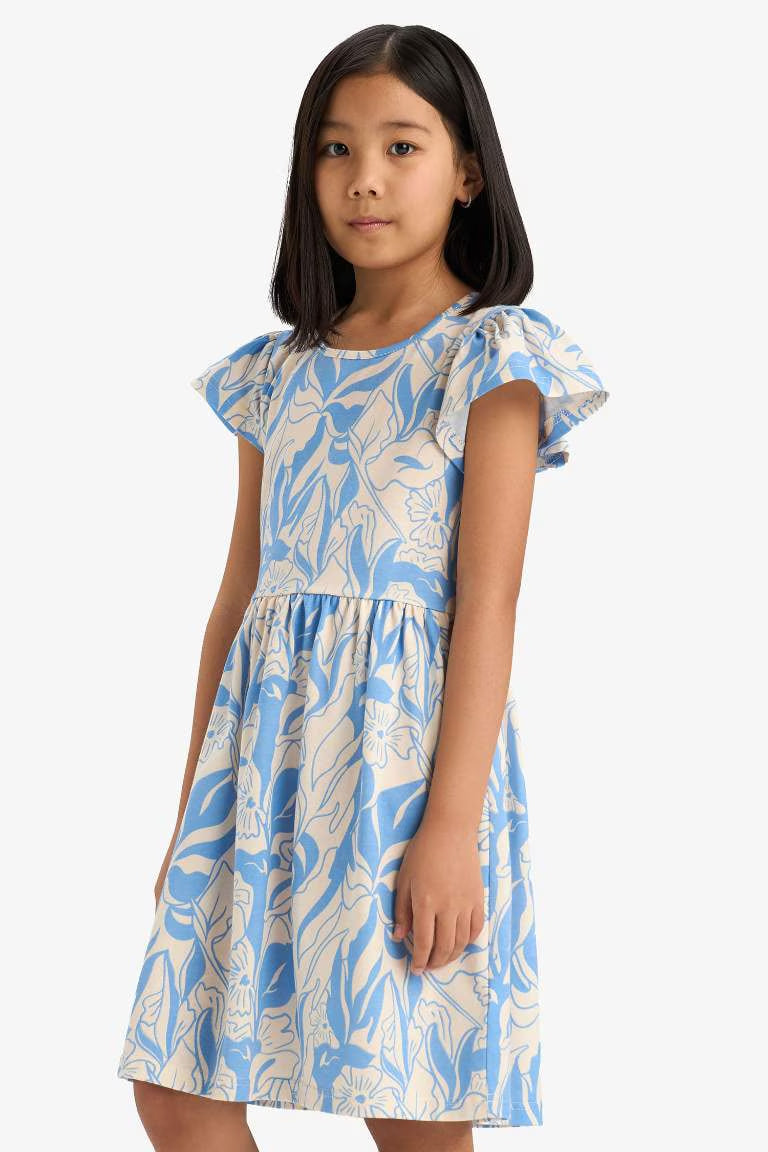 Girl Crew Neck Patterned Short Sleeve Dress - - Floral