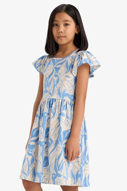 Girl Crew Neck Patterned Short Sleeve Dress - - Floral