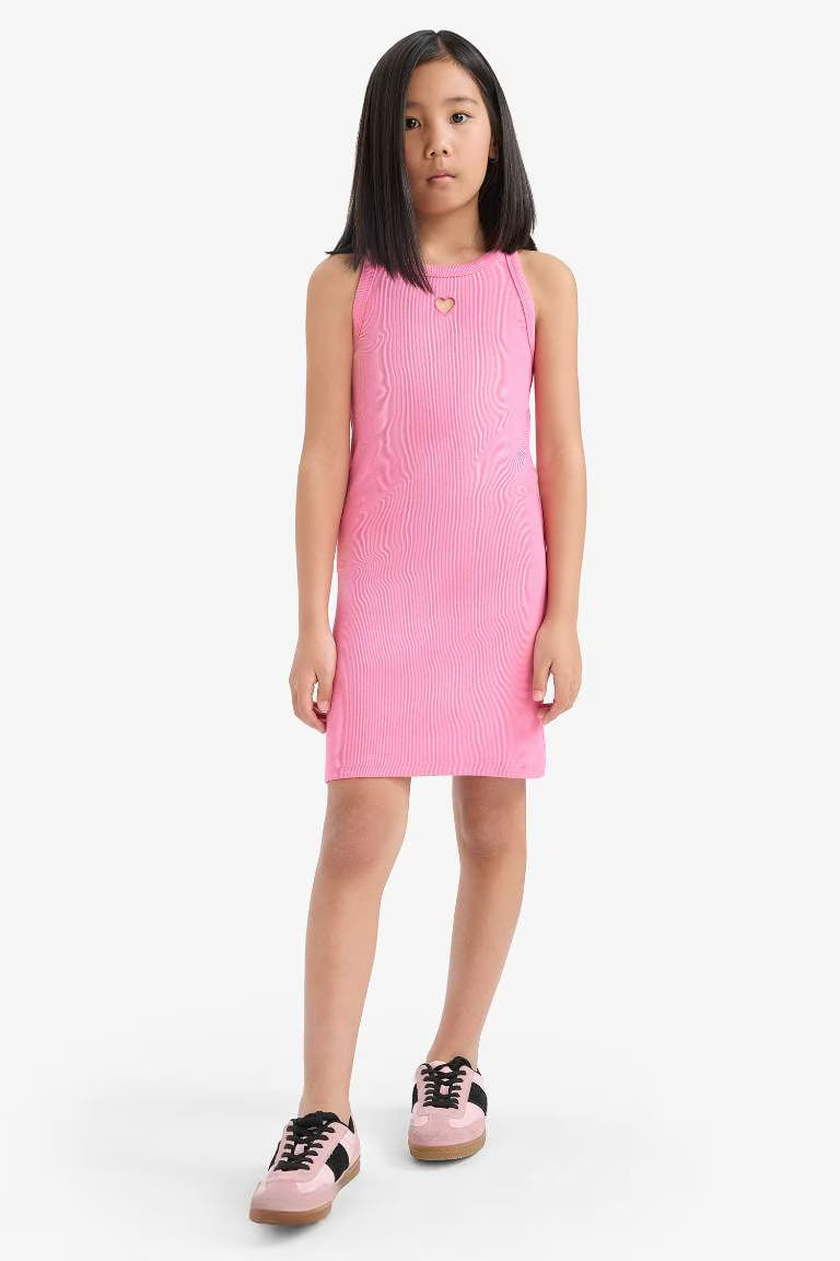 Fitted Crew Neck Corduroy Sleeveless Dress - - Pink