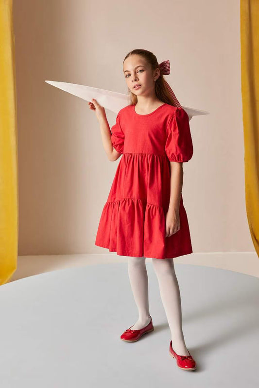 Girl Crew Neck Cotton Short Sleeve Red Dress - - Red