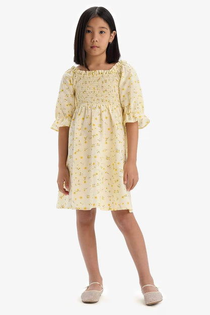 Girl Patterned Cotton Short Sleeve Dress - - Yellow