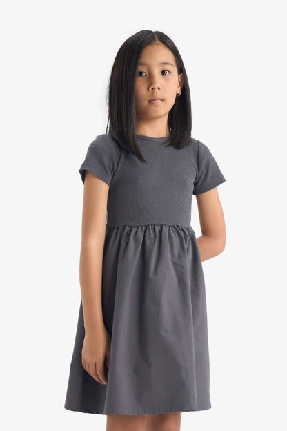Girl Crew Neck Corduroy Short Sleeve Dress - - anthracite