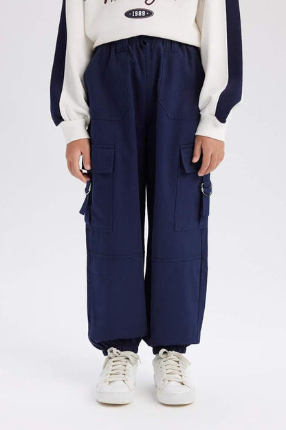 Girl Parachute Jogger Leg Cotton Cargo Pants - - Navy