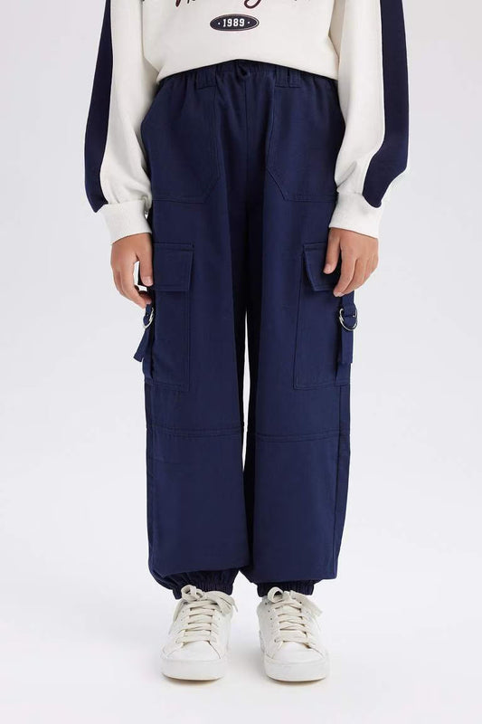 Girl Parachute Jogger Leg Cotton Cargo Pants - - Navy