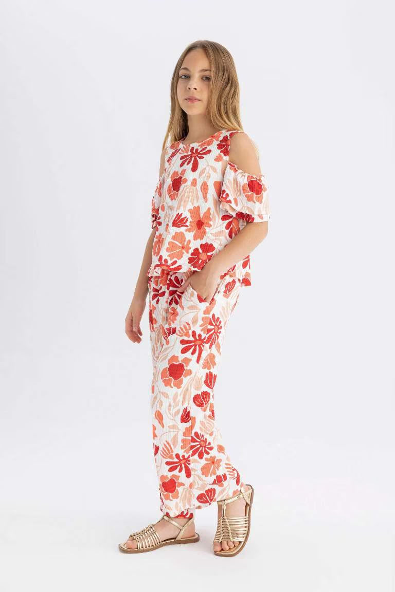 Girl Wide Leg Floral Wrinkled Trousers - -