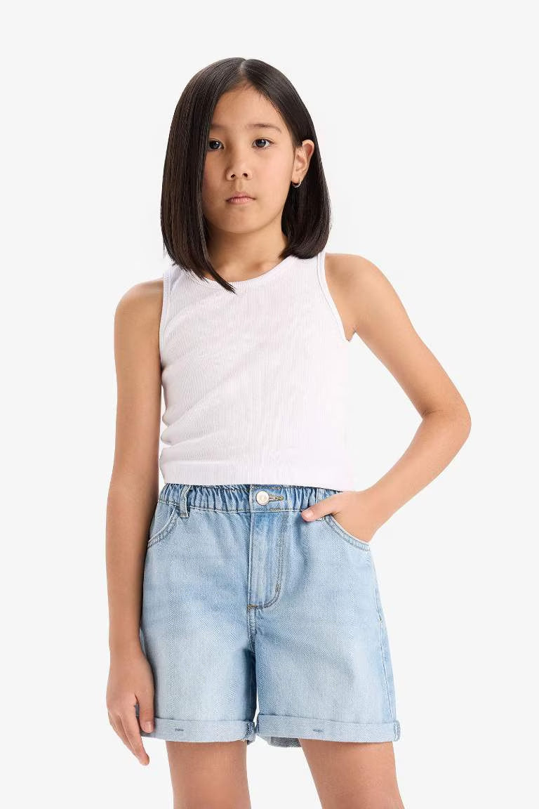 Girl Paperbag Denim Shorts - - sky