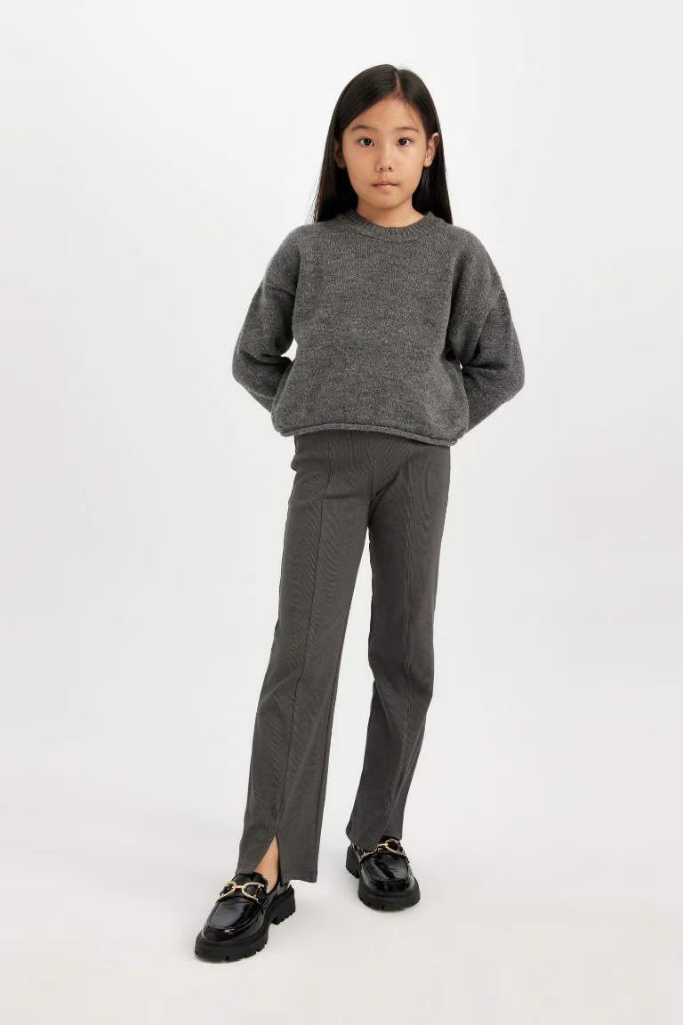 Girl Slit Standard Length Corduroy Leggings - - anthracite