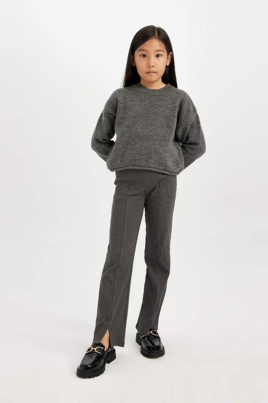 Girl Slit Standard Length Corduroy Leggings - - anthracite