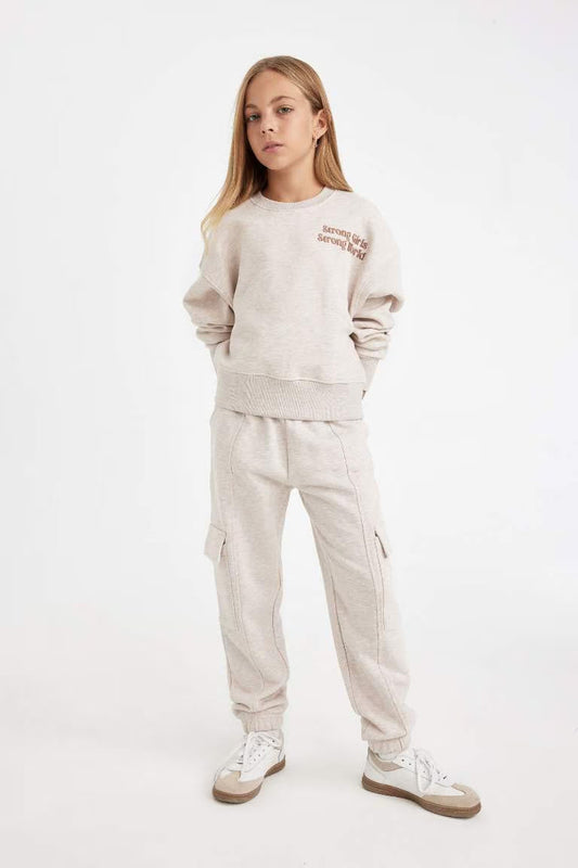 Girl Waist Elasticated Cargo Jogger Sweatpants - - Beige