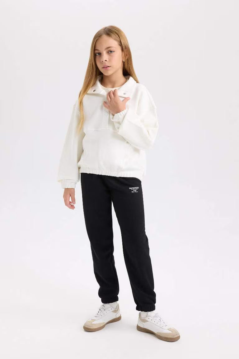 Girl Black Elastic Waist Leg Printed Jogger Sweatpants - - Black
