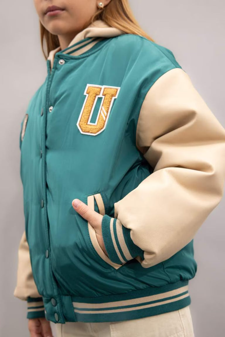 Girl Removable Hooded College Collar Bomber Jacket - -