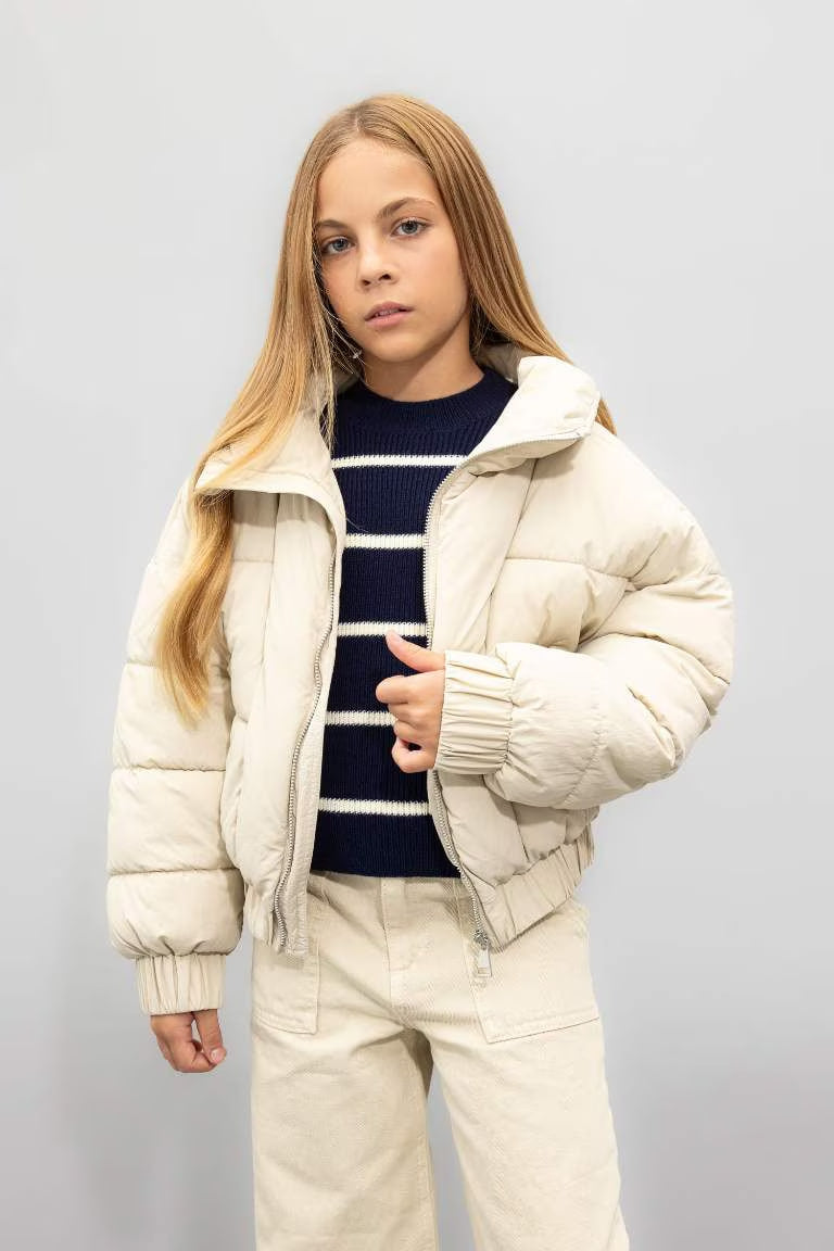 Girl Hooded Waterproof Puffer Jacket - - stone